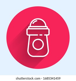 White line Antiperspirant deodorant roll icon isolated with long shadow. Cosmetic for body hygiene. Red circle button. Vector Illustration