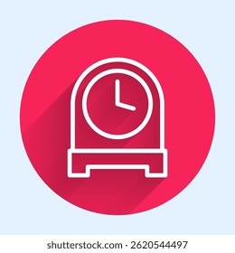 White line Antique clock icon isolated with long shadow background. Red circle button. Vector