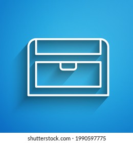 White line Antique treasure chest icon isolated on blue background. Vintage wooden chest with golden coin. Long shadow. Vector