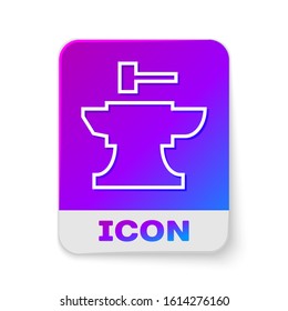 White line Anvil for blacksmithing and hammer icon isolated on white background. Metal forging. Forge tool. Rectangle color button. Vector Illustration