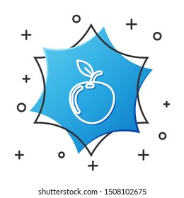 White line Apple icon isolated on white background. Fruit with leaf symbol. Blue hexagon button. Vector Illustration