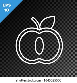 White line Apple icon isolated on transparent dark background. Fruit with leaf symbol.  Vector Illustration