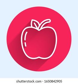 White line Apple icon isolated with long shadow. Fruit with leaf symbol. Red circle button. Vector Illustration