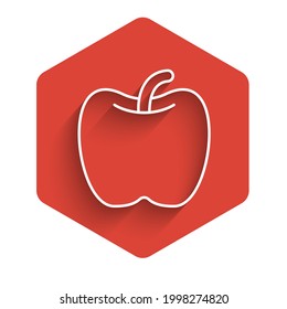 White line Apple icon isolated with long shadow. Excess weight. Healthy diet menu. Fitness diet apple. Red hexagon button. Vector