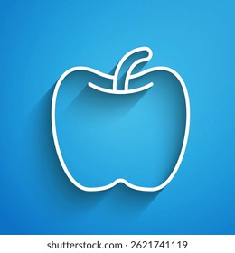 White line Apple icon isolated on blue background. Excess weight. Healthy diet menu. Fitness diet apple. Long shadow. Vector