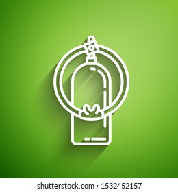 White line Aqualung icon isolated on green background. Oxygen tank for diver. Diving equipment. Extreme sport. Sport equipment.  Vector Illustration