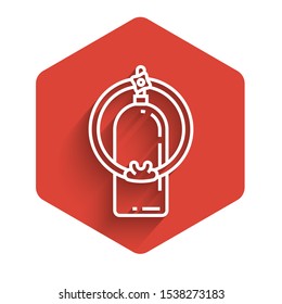 White line Aqualung icon isolated with long shadow. Oxygen tank for diver. Diving equipment. Extreme sport. Sport equipment. Red hexagon button. Vector Illustration