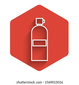 White line Aqualung icon isolated with long shadow background. Oxygen tank for diver. Diving equipment. Extreme sport. Diving underwater equipment. Red hexagon button. Vector Illustration