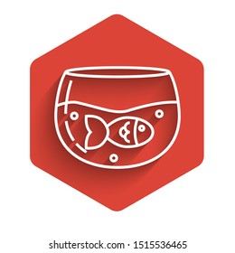 White line Aquarium with fish icon isolated with long shadow. Round glass aquarium. Aquarium for home and pets. Red hexagon button. Vector Illustration