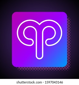 White line Aries zodiac sign icon isolated on black background. Astrological horoscope collection. Square color button. Vector Illustration