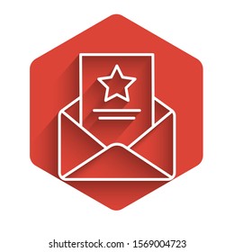 White line The arrest warrant icon isolated with long shadow. Police badge with document. Warrant, police report, subpoena. Justice concept. Red hexagon button. Vector Illustration