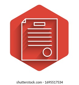White line The arrest warrant icon isolated with long shadow. Warrant, police report, subpoena. Justice concept. Red hexagon button. Vector Illustration