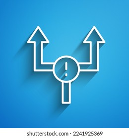 Icono de flecha de línea blanca aislado en fondo azul. Símbolo de la dirección de la punta de flecha. Signo del puntero de navegación. Larga sombra. Vector