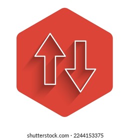White line Arrow icon isolated with long shadow background. Direction Arrowhead symbol. Navigation pointer sign. Red hexagon button. Vector