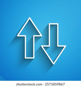 White line Arrow icon isolated on blue background. Direction Arrowhead symbol. Navigation pointer sign. Long shadow. Vector