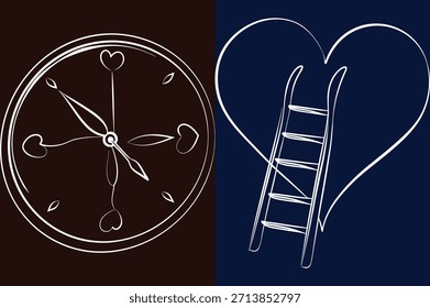 Línea blanca arte de reloj y corazón con escalera