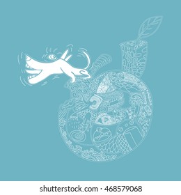 White line art of cute dog barking on chipped apple with pattern for coloring on blue background