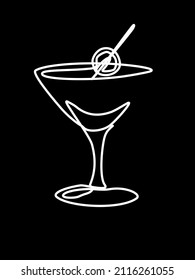 White Line art, doodle ,one line of bottle of champagne and glass isolate on black background. Design for love,for your business. Vector illustration.
