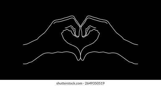 White Line Art Drawing of Hands Forming a Heart Shape on Black Background. A clean and simple white line art illustration of two hands coming together to form a heart shape, symbolizing love, care.