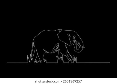 arte de linha branca de um elefante na grama em um fundo preto