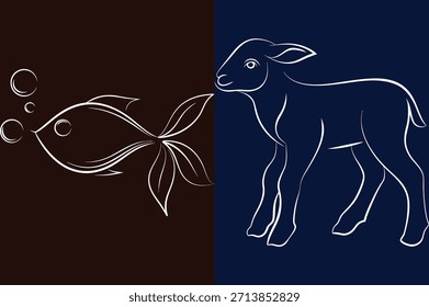 weiße Linie von Fisch und Lamm
