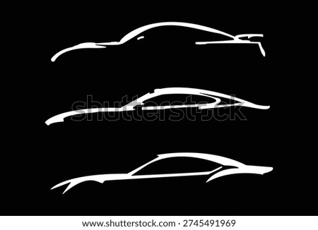 White line art of generic coupe silhouettes, luxury vehicle profile on dark background