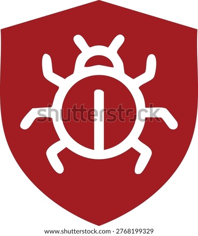 A white line art icon of a computer bug centered inside a solid dark red shield shape, symbolizing software security and vulnerability protection.
