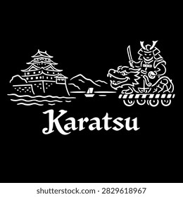 A white line art illustration featuring the historic Karatsu Castle and a traditional festival float against a dark background.