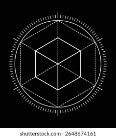 Ilustração de arte de linha branca de um hexágono com subdivisões internas e uma régua circular externa, em um fundo preto.