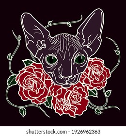 White line art illustraton of sphinx cat with roses.