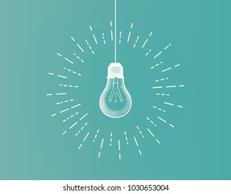 White line art light bulb illustration on green background with glowing starburst