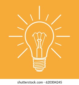 White line art light bulb sign on yellow background. Vector illustration.