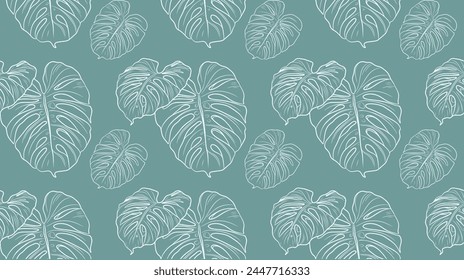 White line art of Monstera leaves overlapping a cool teal background creates a refreshing tropical pattern