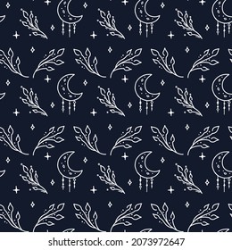 White line art on the dark blue background. Mystic vector seamless pattern. Crescent and branch.