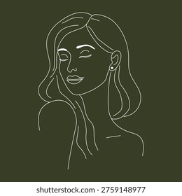 White line art portrait of a smiling woman with wavy hair on a dark olive background representing hair care and beauty.