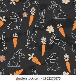 White Line Art Rabbits on Black Board Background Vector Seamless Pattern