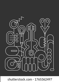 White line art silhouettes isolated on a dark grey background Music Instruments Design vector illustration. Guitar, saxophone, piano keyboard, trumpet, microphone and gramophone.