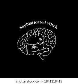 White line art witchcraft and magic print with cat and brain and text Sophisticated Witch on a black background. Vector esoteric print.