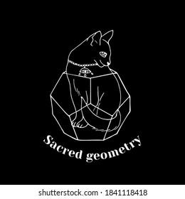 White line art witchcraft and magic print with a cat inside dodecahedron and text sacred geometry on a black background. Vector esoteric print.