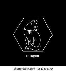 White line art witchcraft and magic print with a cat inside hexagon and text sacred geometry on a black background. Vector esoteric print.