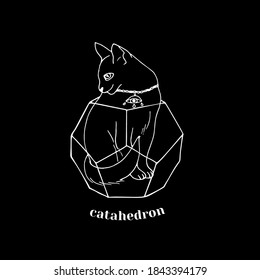 White line art witchcraft and magic print with a cat inside dodecahedron and text catahedron on a black background. Vector esoteric print.