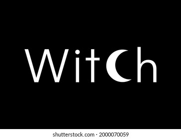 white line art witchcraft and magic print with text witch, vector isolated on a black background. Esoteric print template and wicca symbol, magical creative concept 