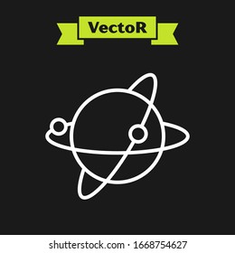 White line Artificial satellites orbiting the planet Earth in outer space icon isolated on black background. Communication, navigation concept.  Vector Illustration