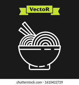 White line Asian noodles in bowl and chopsticks icon isolated on black background. Street fast food. Korean, Japanese, Chinese food.  Vector Illustration