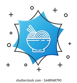 White line Asian noodles in bowl and chopsticks icon isolated on white background. Street fast food. Korean, Japanese, Chinese food. Blue hexagon button. Vector Illustration