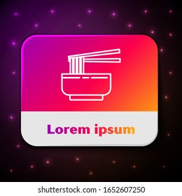 White line Asian noodles in bowl and chopsticks icon isolated on black background. Street fast food. Korean, Japanese, Chinese food. Rectangle color button. Vector Illustration