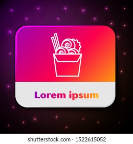 White line Asian noodles in paper box and chopsticks icon isolated on black background. Street fast food menu. Korean, Japanese, Chinese food. Rectangle color button. Vector Illustration