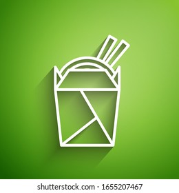 White line Asian noodles in paper box and chopsticks icon isolated on green background. Street fast food. Korean, Japanese, Chinese food.  Vector Illustration