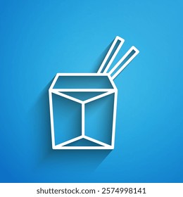 White line Asian noodles in paper box and chopsticks icon isolated on blue background. Street fast food. Korean, Japanese, Chinese food. Long shadow. Vector