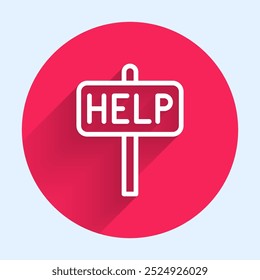 White line Ask for help text icon isolated with long shadow background. Red circle button. Vector